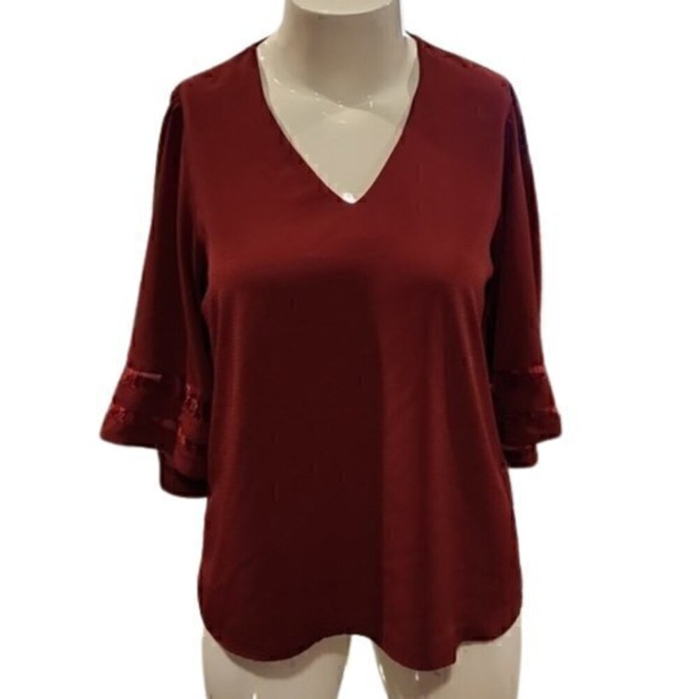 [Amaryllis] Deep Red V-neck Striped Sleeve Blouse - Size XL